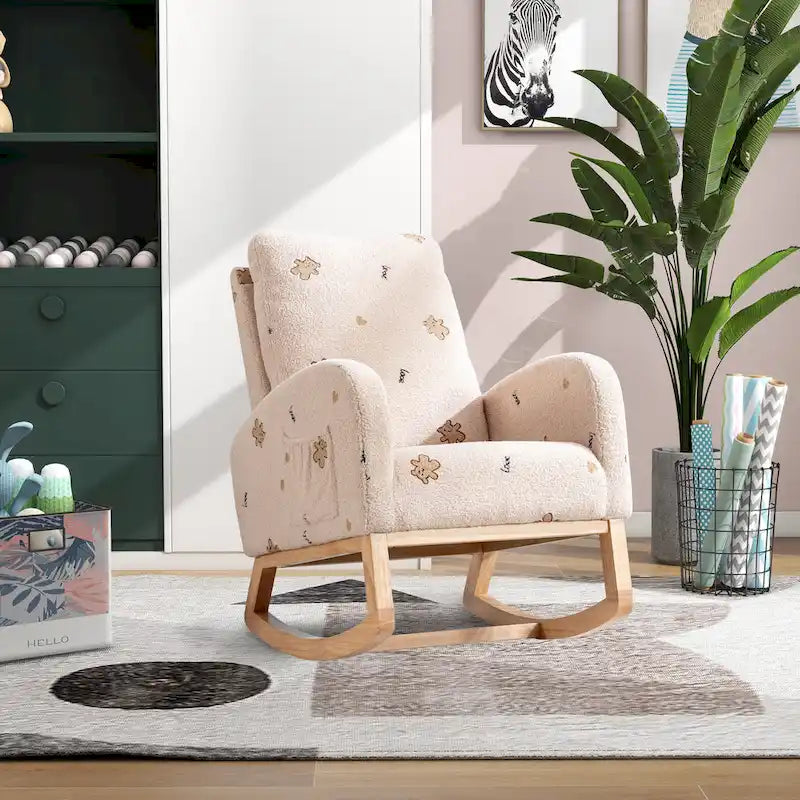 Modern Upholstered Rocker Armchair With Side Pocket, High Back Wooden Nursery Chair