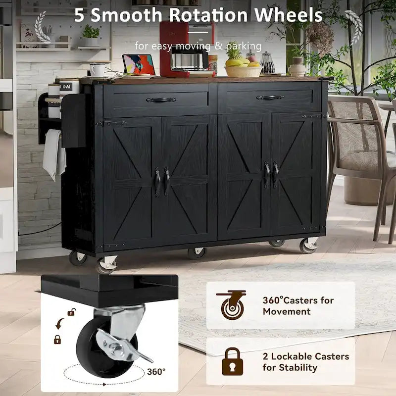 53.5 in. W Farmhouse Rolling Kitchen Island Cart with Drop Leaf and Power Outlet